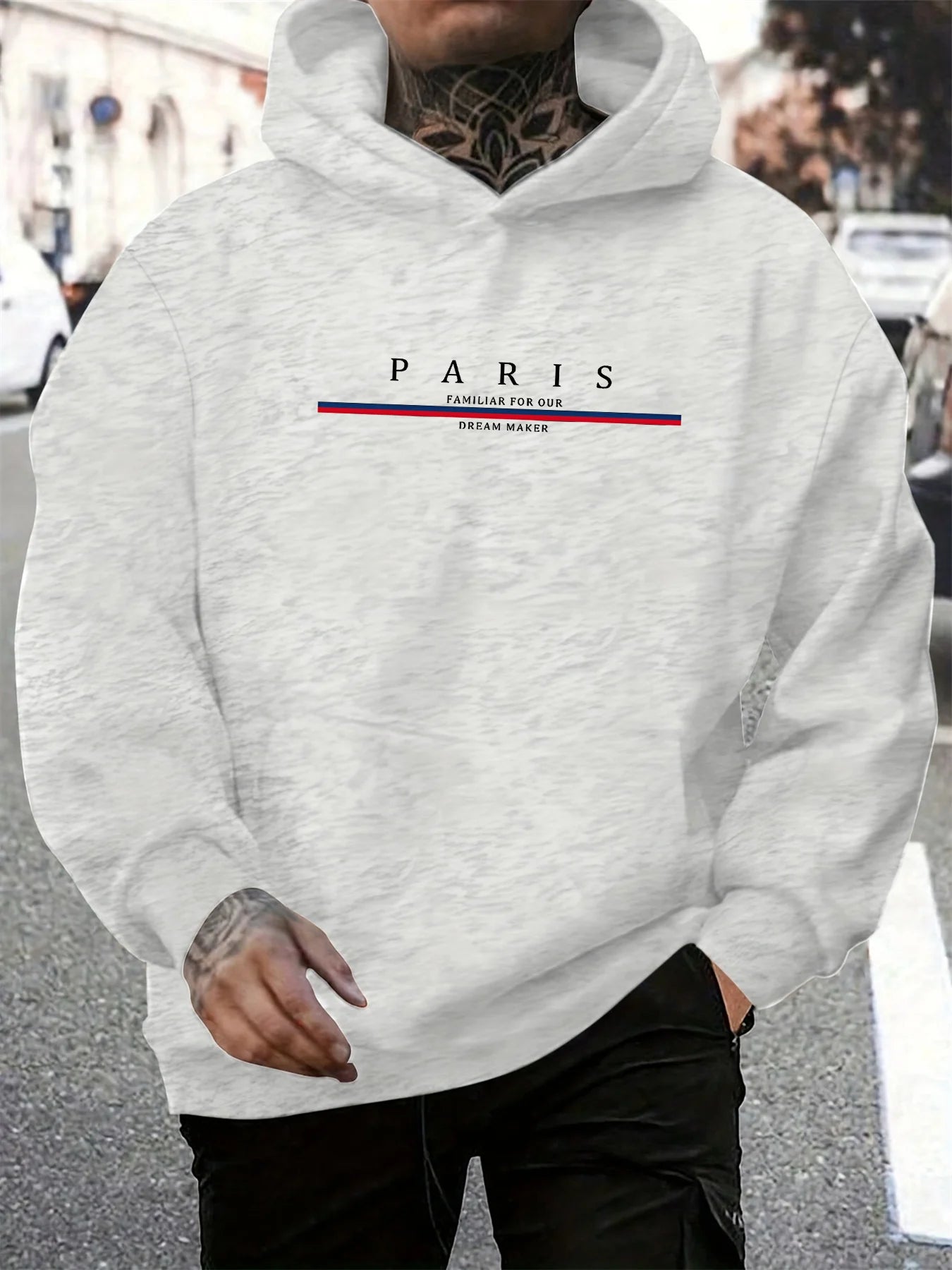 Men's autumn and winter casual fashionable loose hooded sweatshirt Paris letter printed long sleeved warm pullover