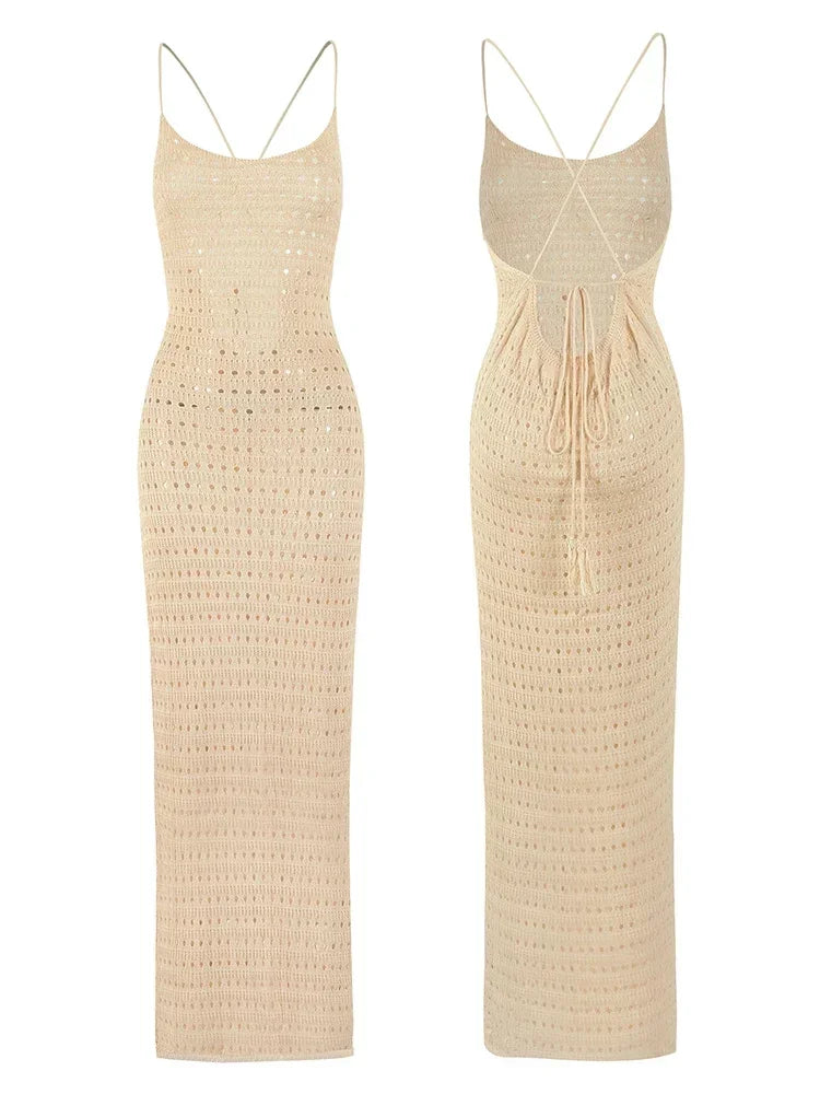 Sexy Knit Cut Out Tassel Spaghetti Strap Bodycon Beach Maxi Dress Summer Women's Holiday Club Party Outfit Swimsuit Cover Up K10