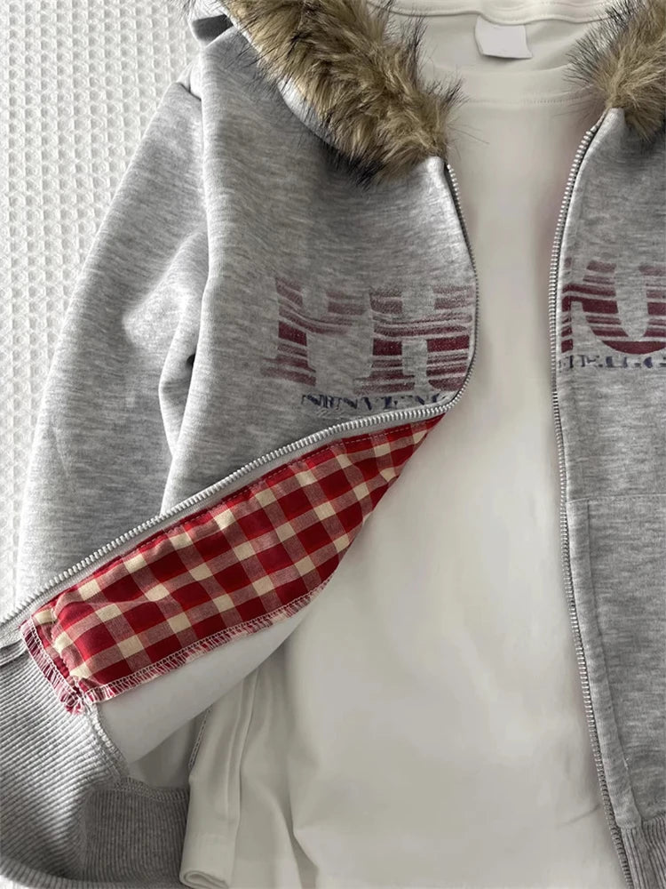 Women American Vintage Letter Print Jacket Antumn Winter Y2K Harajuku Faux Fur Hooede Hoodie Sweet Fashion Hot Girl Sweatshirt