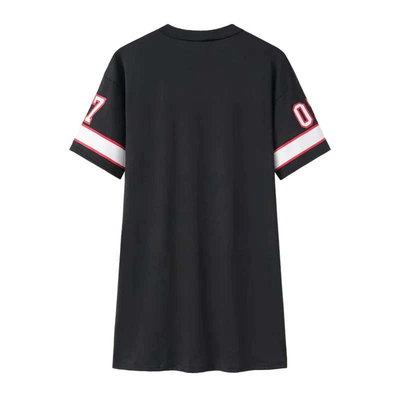 2025 New Fashion V-Neck Queen Letters Print Dress Short Sleeve Basketball Sporty Style Sexy Loose Female Clothing Streetwear