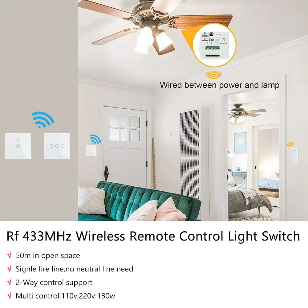 TEDELIGO Smart Light Switch Without Neutral 220V 130W Breaker Wireless Touch Button Wall Switch Mini Relay 2-Way On/Off Module