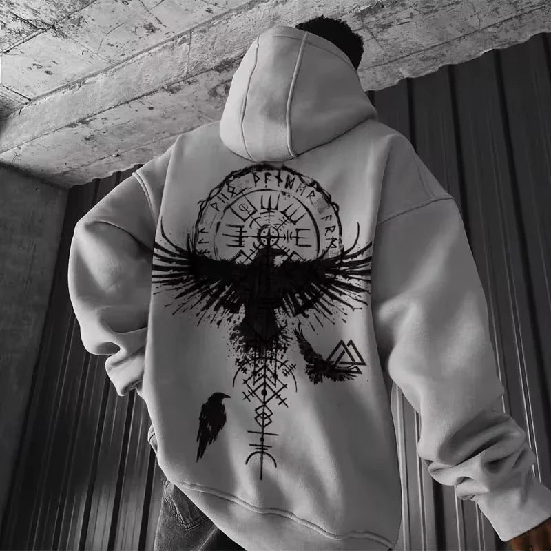 Men's Viking Totem Printed Hooded Sweatshirt Y2K Hooded Sweatshirt Loose Eagle Pattern Sportswear