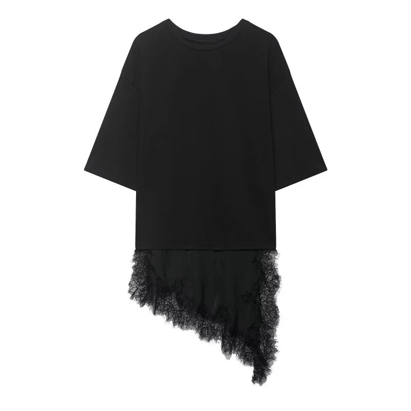 Women's Spring Summer Asymmetric Lace Trim Half Sleeve T-Shirt Back to School Casual Daily Wear Fashion Versatile Top 4 Colors