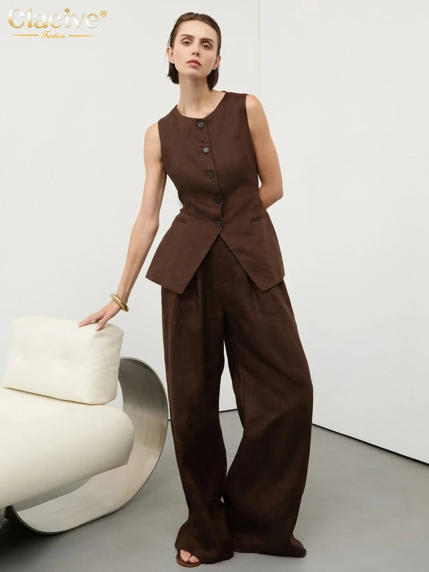 Clacive Summer Slim Brown Linen Pants Set 2 Piece Woman Fashion Sleeveless Tank Top With High Waist Wide Trousers Suits Female