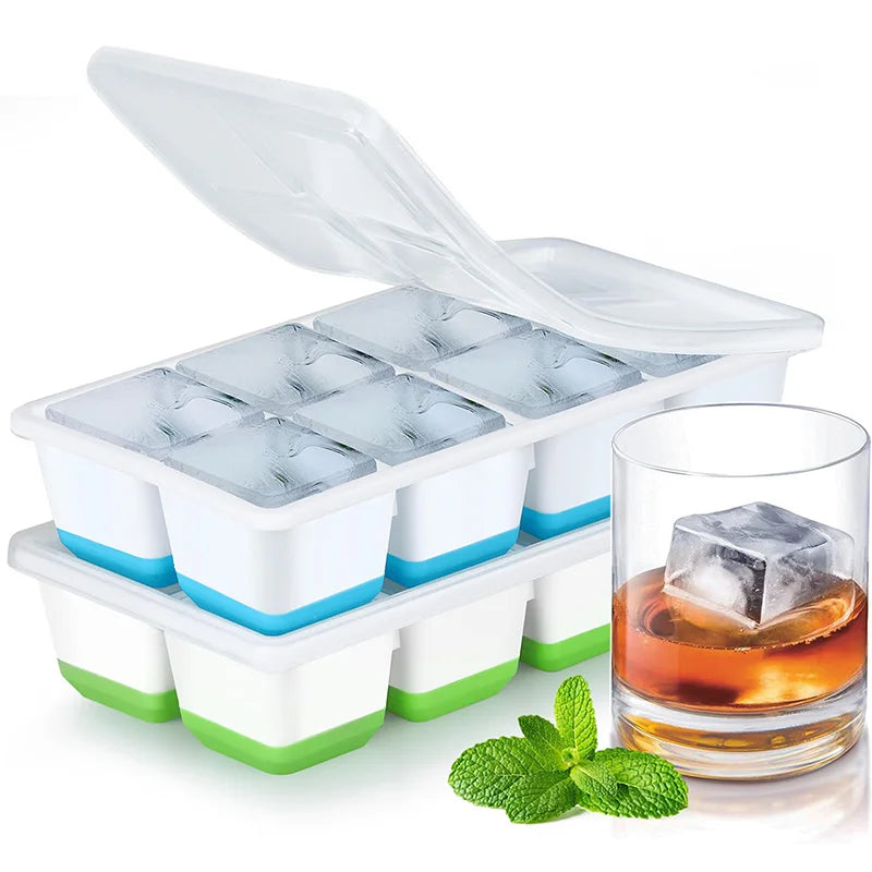Large Ice Cube Trays Silicone Easy-Release Flexible Ice Cube Molds with Lids Big Square Cubed Ice Trays for Whiskey and Cocktail