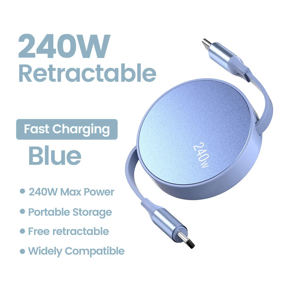 240W USB C to USB C PD Cable for iPhone 15 Pro Max PD Fast Charging Data Cord Retractable Type C Charger Cable Wire for Notebook