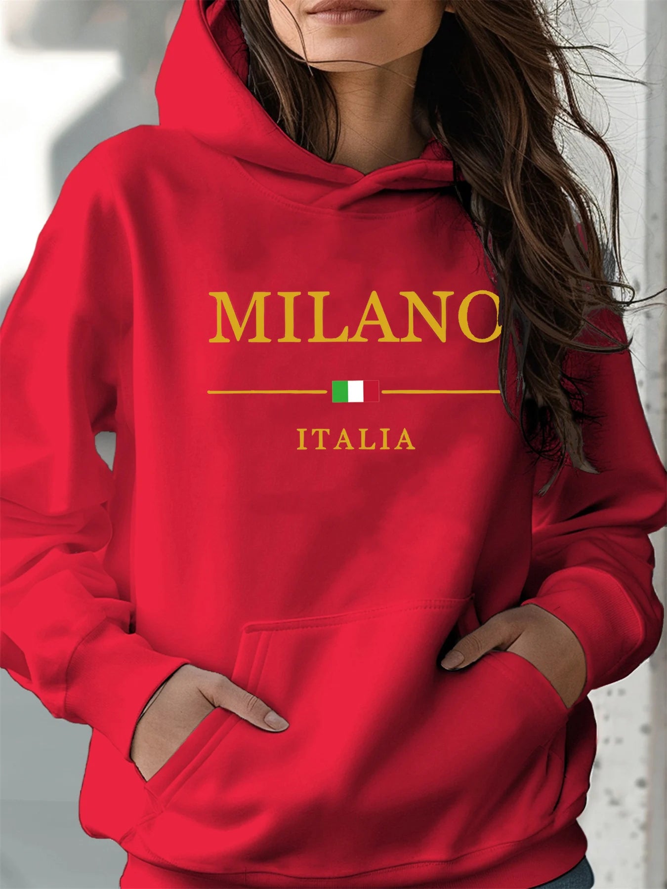 Women's autumn and winter warm and loose casual MILANO ITALIA pattern printed suede long sleeved hooded sweatshirt