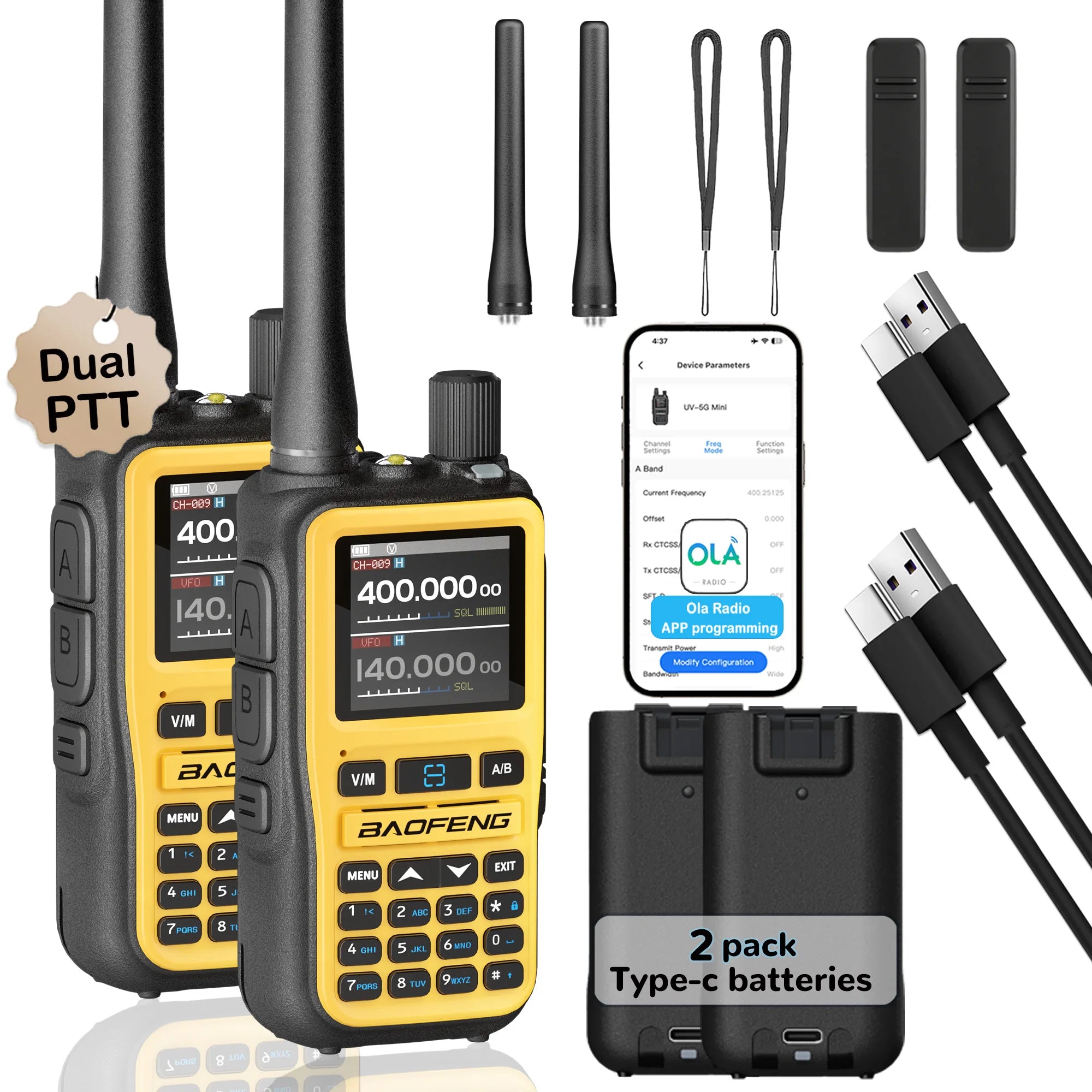 2 Pack BAOFENG UV-5R Mini Dual Band Two-Way Radio (5W/999CH) - Bluetooth APP Programming, NOAA Alert, Type-C Fast Charging