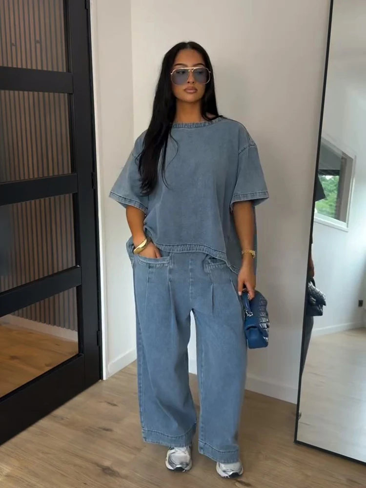  Loose Denim 2 Piece Sets Women Outfit Oversize O-neck Half Sleeve Top Wide Leg Pant Suit 2026 Summer Casual Lady Matching Set