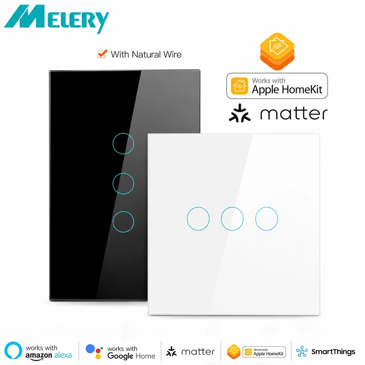 Melery Matter over WiFi Smart Light Wall Switch Touch Sensor Glass Panel Remoted Google/Apple Home Siri Alexa Homekit Smarttings