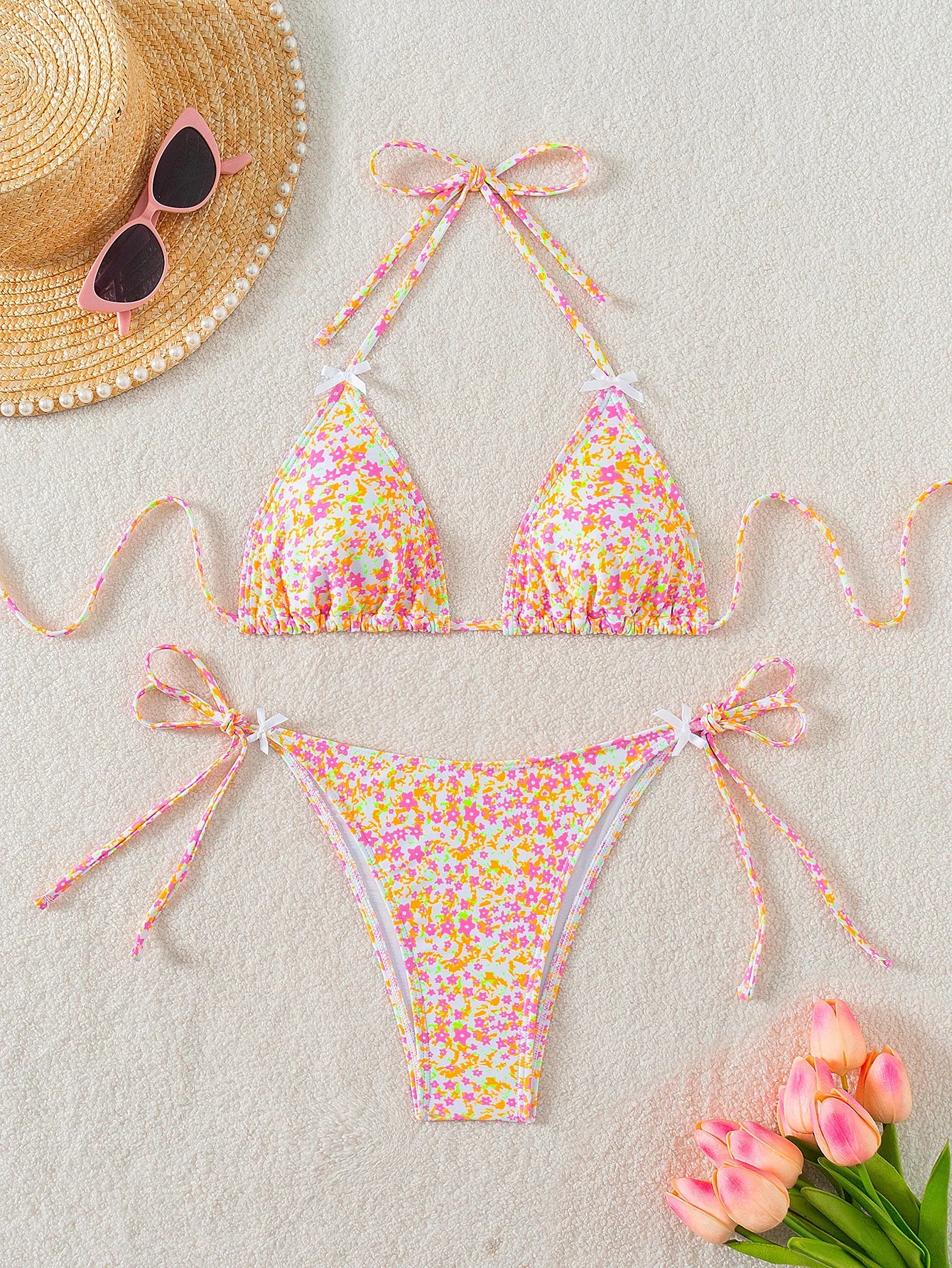 2026 New Women's Bikini Set  Adjustable Tie Side Bandage Swimwear High-End Sexy Two-Piece Bathing Suit Summer Beach Push Up