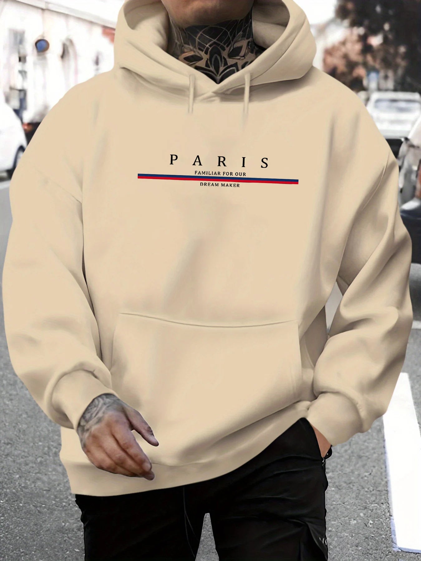 Men's autumn and winter casual fashionable loose hooded sweatshirt Paris letter printed long sleeved warm pullover