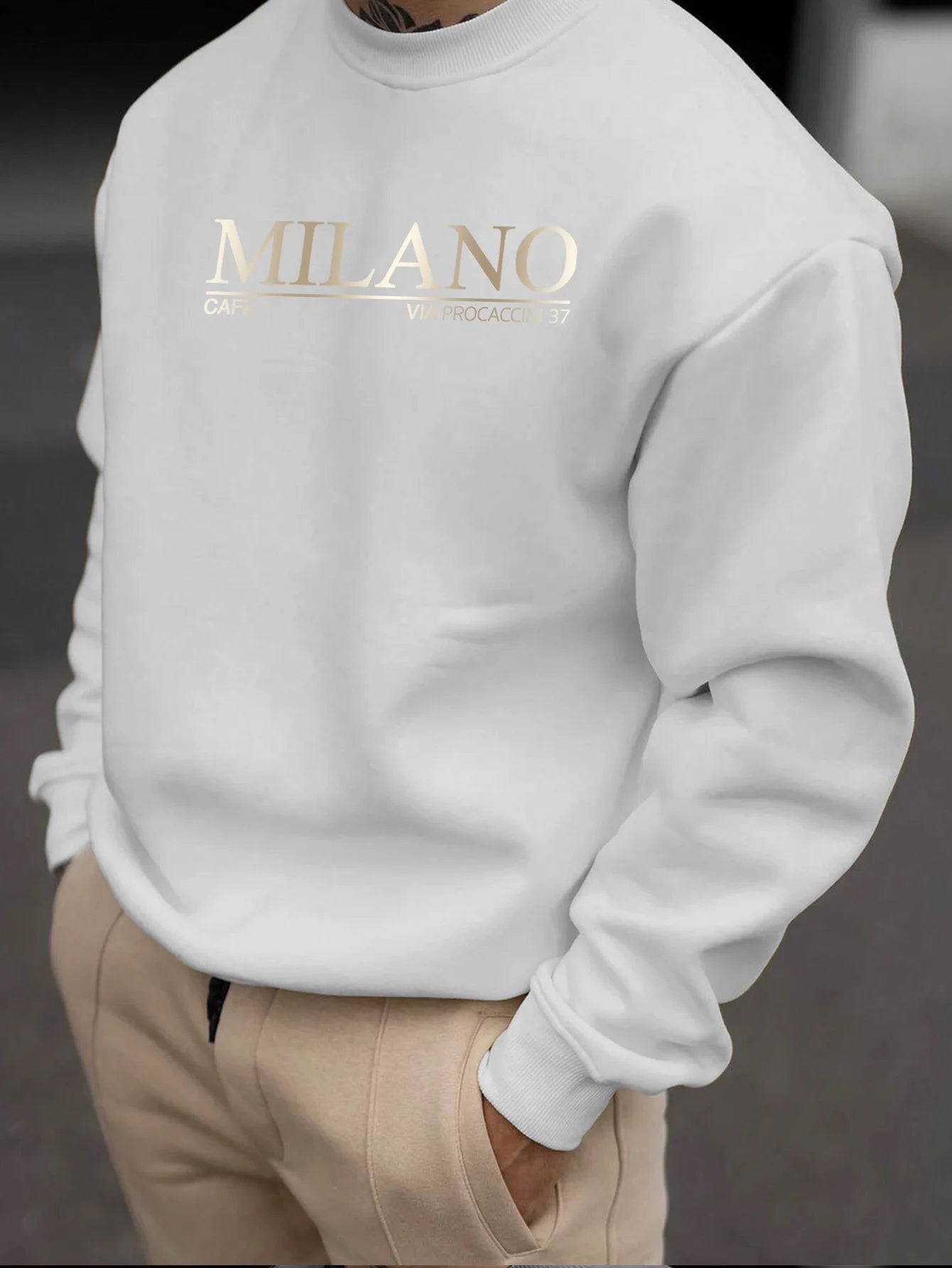 Men's autumn and winter casual loose and fashionable MILANO pattern printed long sleeved round neck sweatshirt versatile