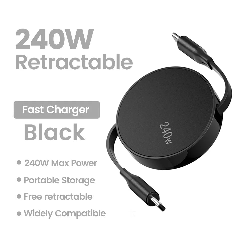 240W USB C to USB C PD Cable for iPhone 15 Pro Max PD Fast Charging Data Cord Retractable Type C Charger Cable Wire for Notebook