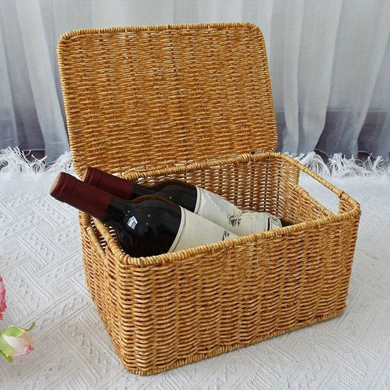 Rural Woven Storage Basket with Lid - Stylish and Durable Wardrobe Organizer - Suitable for Bathroom, Bedroom, Kitchen, and Home