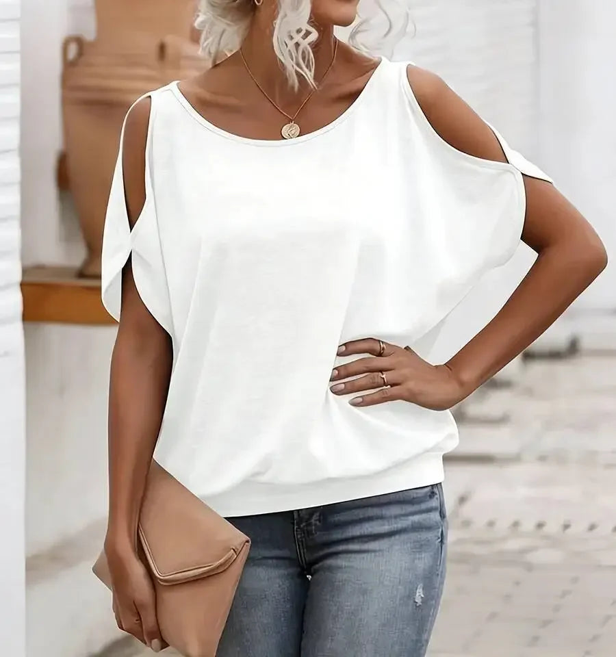 Women's Tee Top Cold Shoulder Short Sleeve Solid Soft Knit Loose Tops Casual Tee Spring Summer Chic Tee Daily Breathable Tops