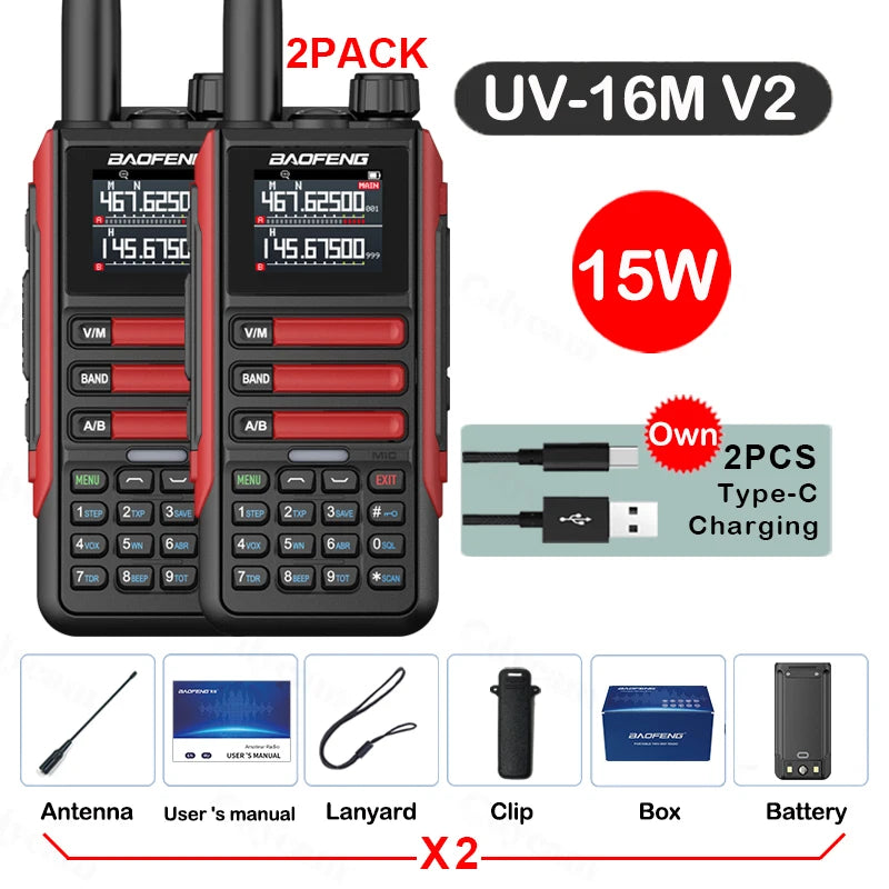2Pack Baofeng 15W 50KM Waterproof Walkie Talkie 999CH AM FM 2-Way Radio Full Band LCD Screen Frequency Copy Noise Reduce UV16M