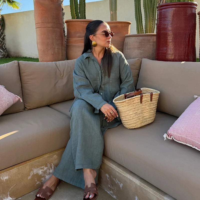 Cotton Linen Women's Pants Set Lapel Collar Shirt Loose Bottom Female Holiday Beach Sets 2026 Summer Fashion Vacation Lady Suit