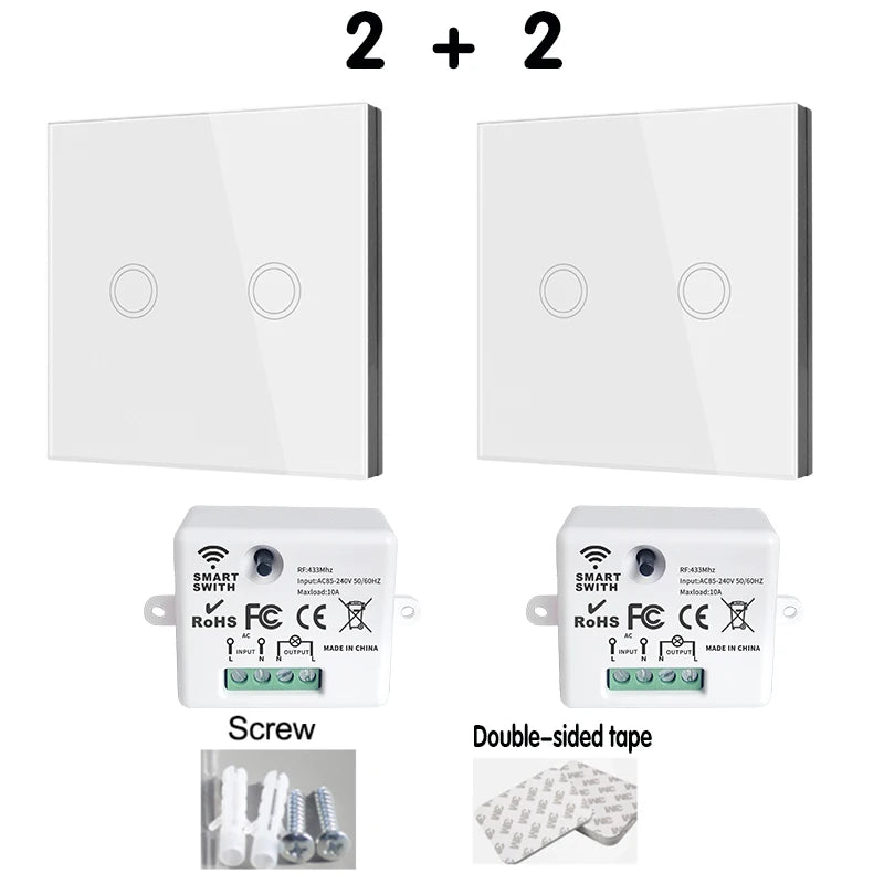 433Mhz Wireless Smart Light Wall Switch with Remote Control Touch Wall Panel Mini Relay Receiver 220V 10A for Home Led Lamp Fan