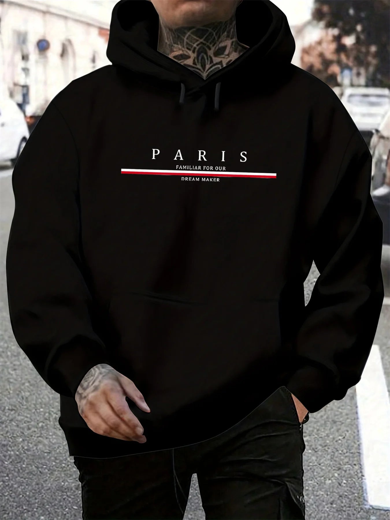 Men's autumn and winter casual fashionable loose hooded sweatshirt Paris letter printed long sleeved warm pullover