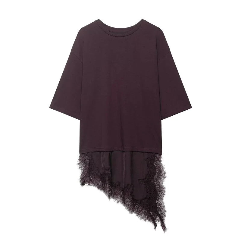 Women's Spring Summer Asymmetric Lace Trim Half Sleeve T-Shirt Back to School Casual Daily Wear Fashion Versatile Top 4 Colors