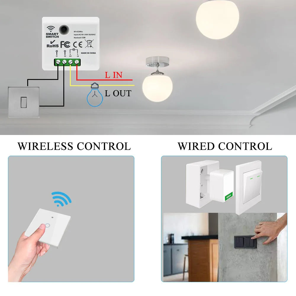 TEDELIGO Smart Light Switch Without Neutral 220V 130W Breaker Wireless Touch Button Wall Switch Mini Relay 2-Way On/Off Module