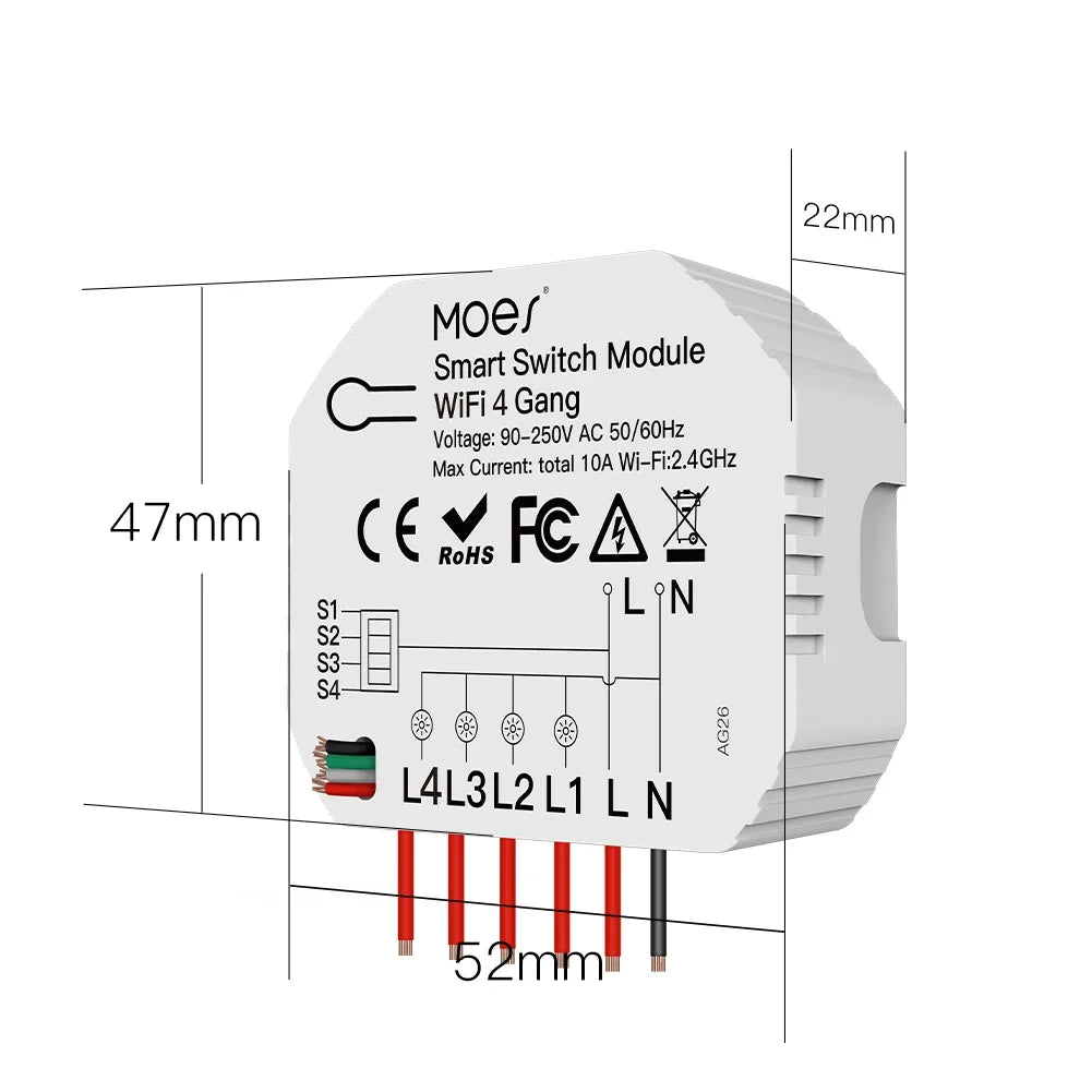 Mini DIY WiFi Smart Light Switch 4 Gang 1/2 Way Module Smart Life/Tuya App Wireless Remote Control Work with Alexa Google Home