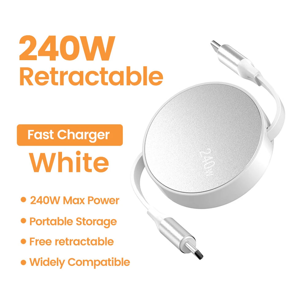 240W USB C to USB C PD Cable for iPhone 15 Pro Max PD Fast Charging Data Cord Retractable Type C Charger Cable Wire for Notebook