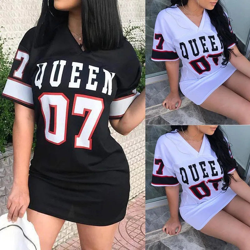 2025 New Fashion V-Neck Queen Letters Print Dress Short Sleeve Basketball Sporty Style Sexy Loose Female Clothing Streetwear