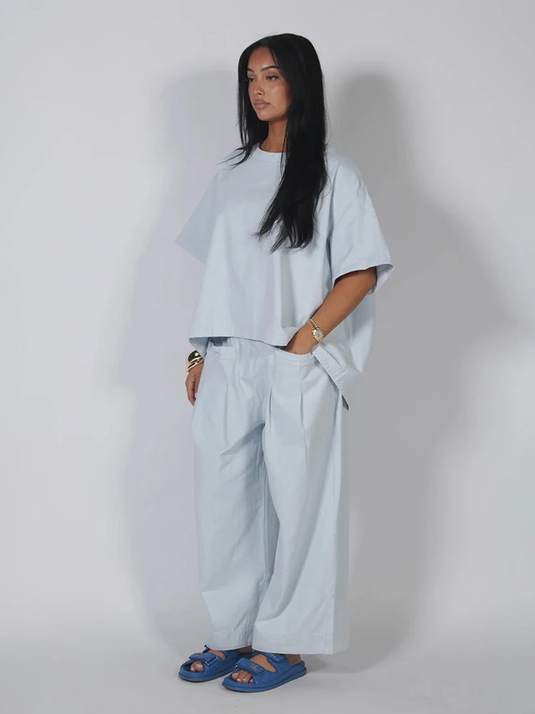  Loose Denim 2 Piece Sets Women Outfit Oversize O-neck Half Sleeve Top Wide Leg Pant Suit 2026 Summer Casual Lady Matching Set
