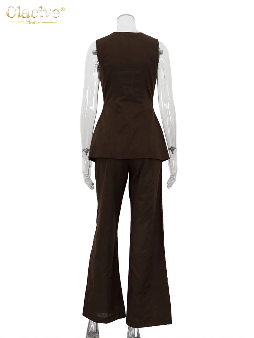 Clacive Summer Slim Brown Linen Pants Set 2 Piece Woman Fashion Sleeveless Tank Top With High Waist Wide Trousers Suits Female