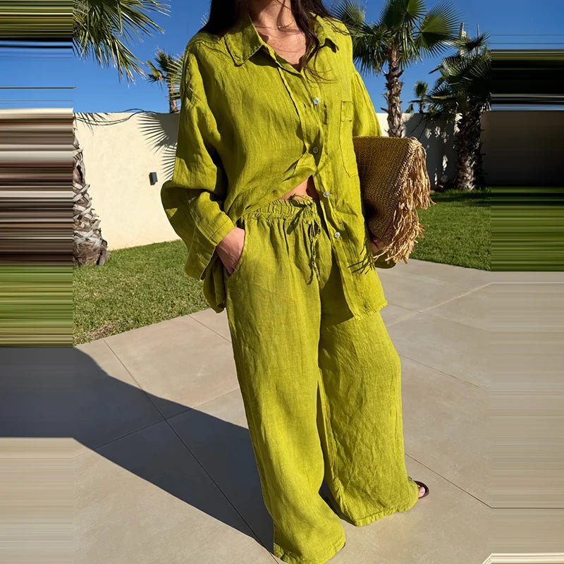 Cotton Linen Women's Pants Set Lapel Collar Shirt Loose Bottom Female Holiday Beach Sets 2026 Summer Fashion Vacation Lady Suit