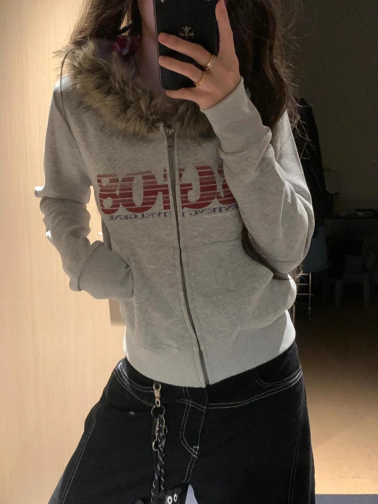 Women American Vintage Letter Print Jacket Antumn Winter Y2K Harajuku Faux Fur Hooede Hoodie Sweet Fashion Hot Girl Sweatshirt