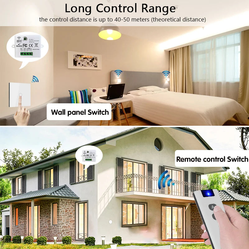 433Mhz Wireless Smart Light Wall Switch with Remote Control Touch Wall Panel Mini Relay Receiver 220V 10A for Home Led Lamp Fan