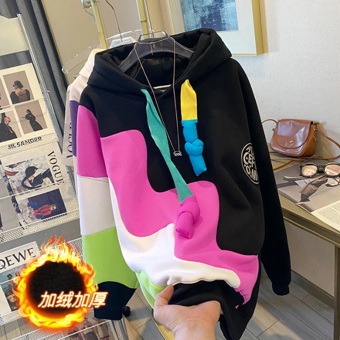 Winter Irregular Waves Contrasting Panels Fleece Padded Hooded Sweatshirt Women's Large Loose Casual Warm Hoodie