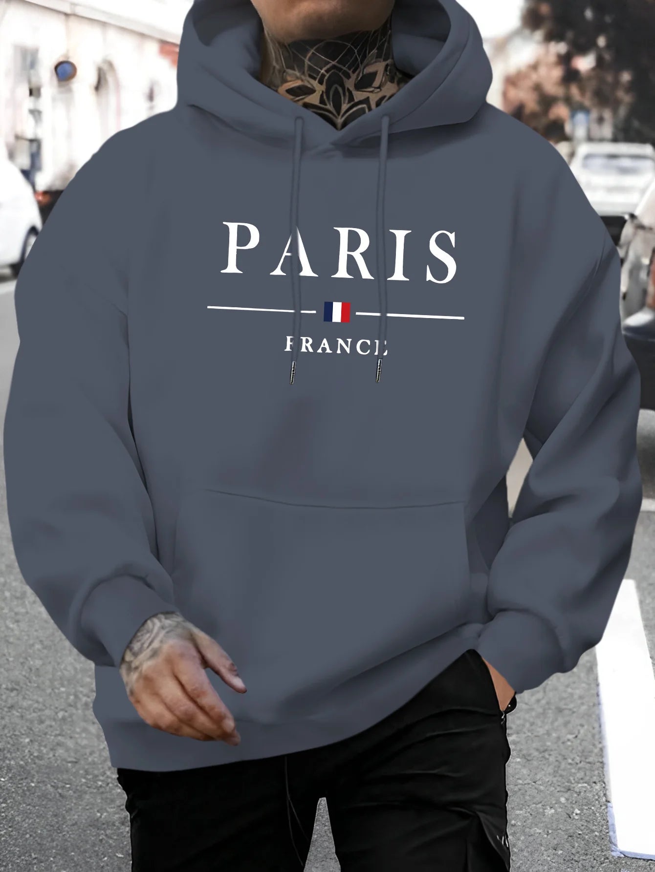 Men's autumn and winter casual fashion loose Paris letter pattern printed long sleeved hooded sweatshirt warm pullover