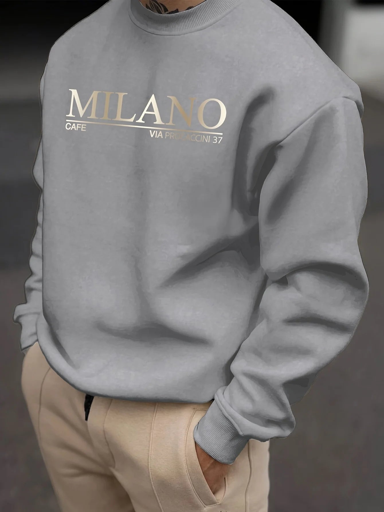 Men's autumn and winter casual loose and fashionable MILANO pattern printed long sleeved round neck sweatshirt versatile