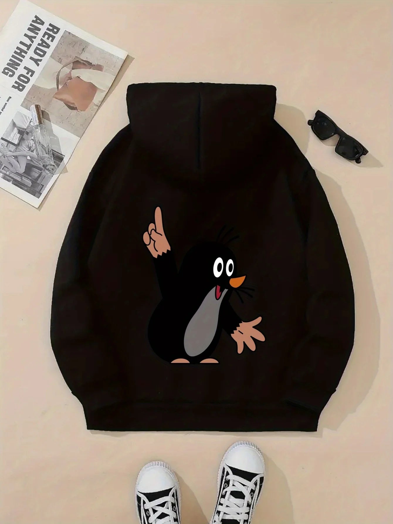 Women's autumn and winter warm and loose casual NOPE not today printed suede long sleeved hooded sweatshirt