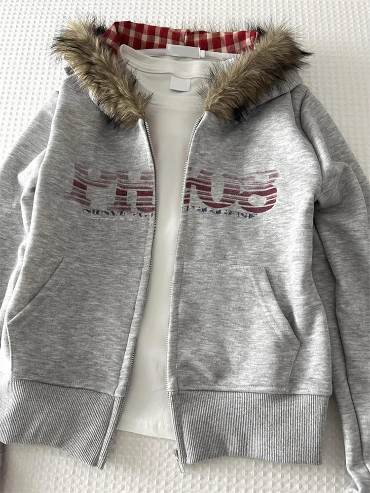 Women American Vintage Letter Print Jacket Antumn Winter Y2K Harajuku Faux Fur Hooede Hoodie Sweet Fashion Hot Girl Sweatshirt