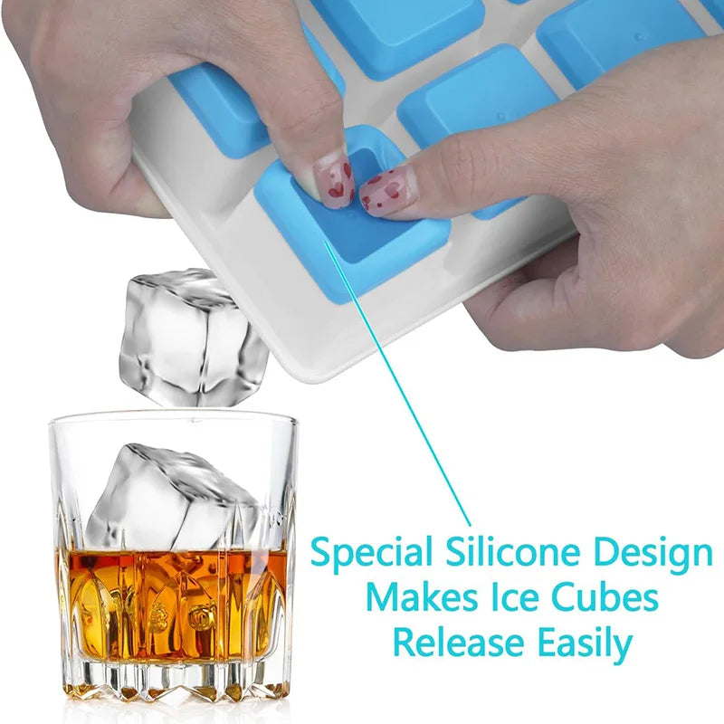 Large Ice Cube Trays Silicone Easy-Release Flexible Ice Cube Molds with Lids Big Square Cubed Ice Trays for Whiskey and Cocktail