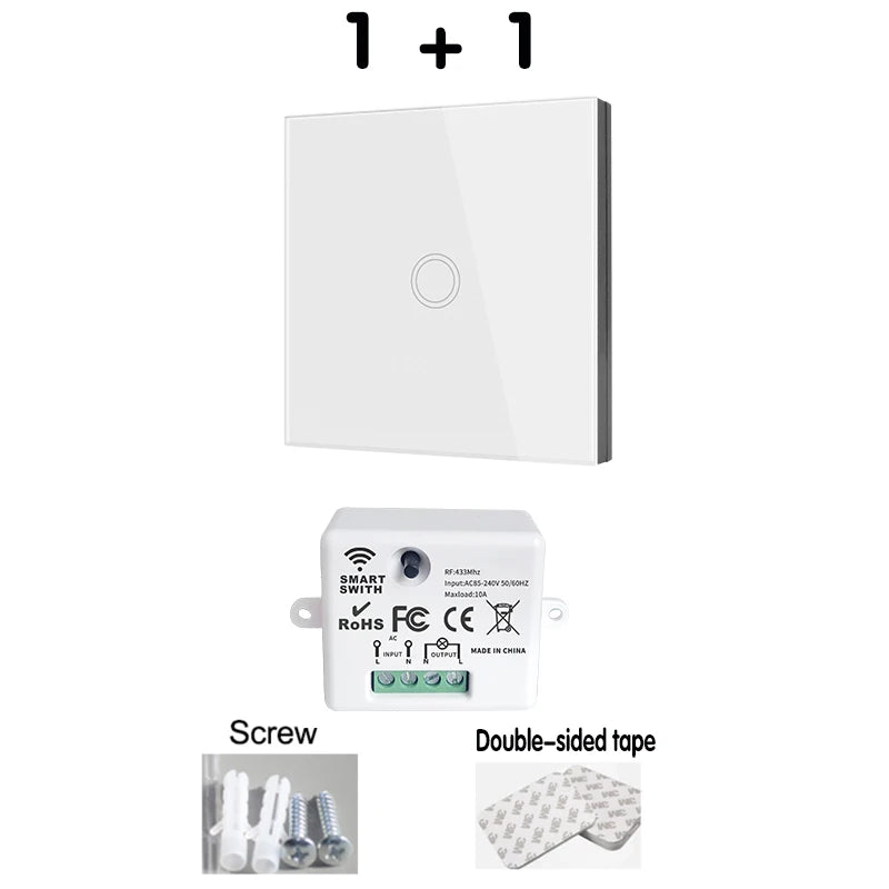 433Mhz Wireless Smart Light Wall Switch with Remote Control Touch Wall Panel Mini Relay Receiver 220V 10A for Home Led Lamp Fan