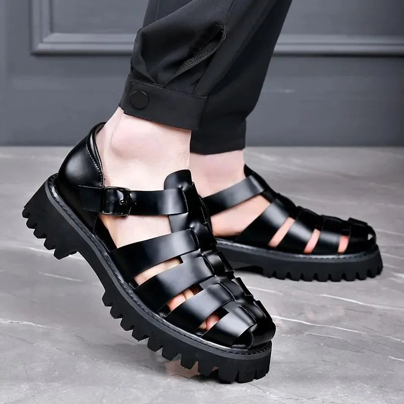 Fashion New Designer Platform Sandals for Men 2026 Summer Buckle Leather Dress Sandal Shoes Man Big Size Black Sandalias Hombre