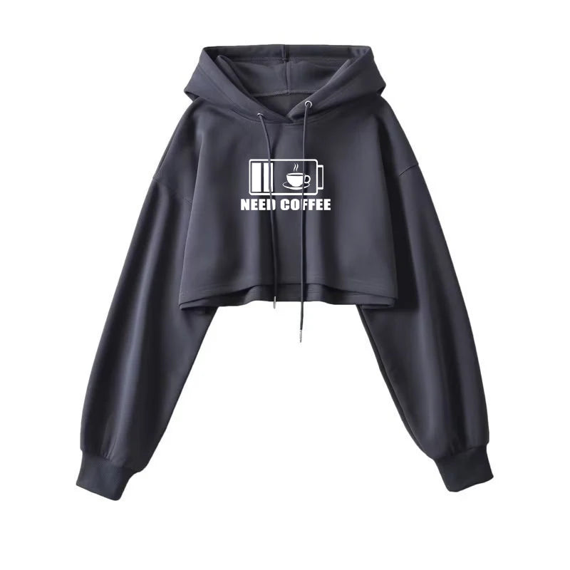 Sexy Short Hooded Sweatshirts Women Fashion Solid Color Long Sleeve Crop Tops Korean Streetwear Pullover Hoodies Female