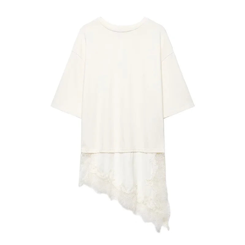 Women's Spring Summer Asymmetric Lace Trim Half Sleeve T-Shirt Back to School Casual Daily Wear Fashion Versatile Top 4 Colors