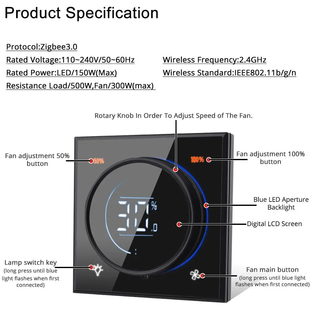 Glass Panel Wifi/Zigbee Smart Light Switch With Knob Fan Controller 300W Max. AC110-240V Digital LCD For Ceiling Fan Lamp