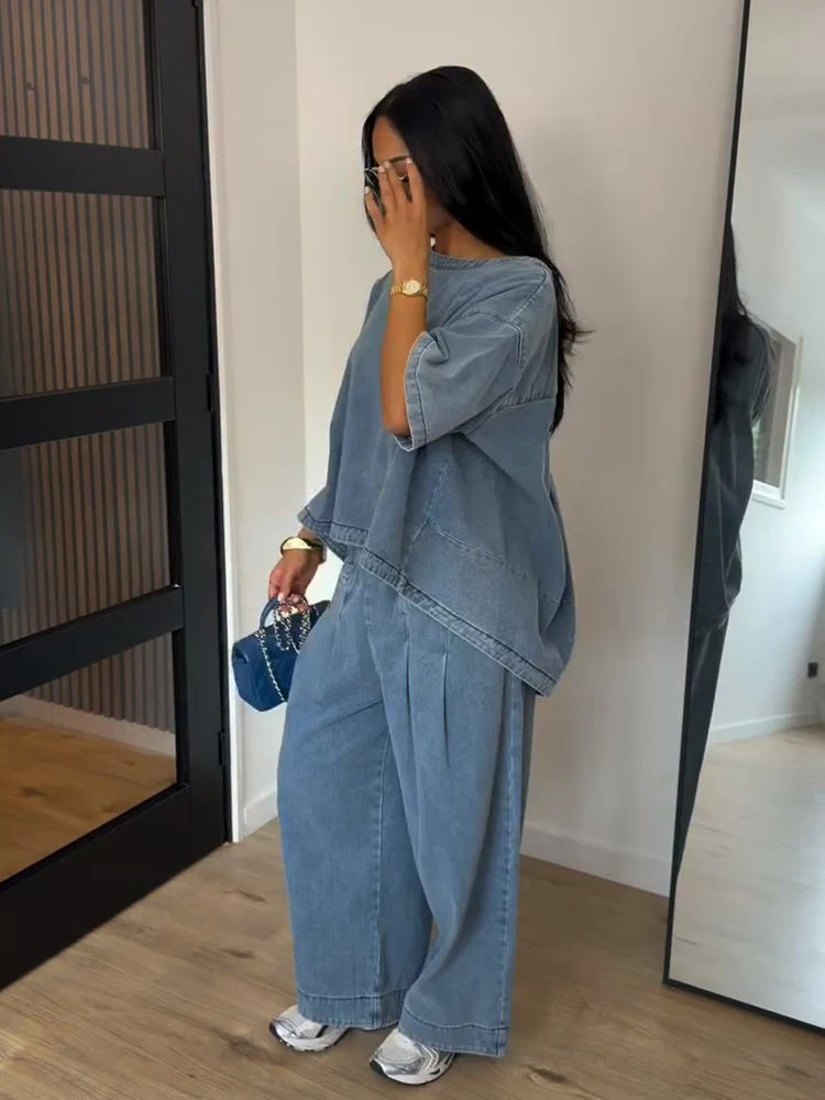  Loose Denim 2 Piece Sets Women Outfit Oversize O-neck Half Sleeve Top Wide Leg Pant Suit 2026 Summer Casual Lady Matching Set