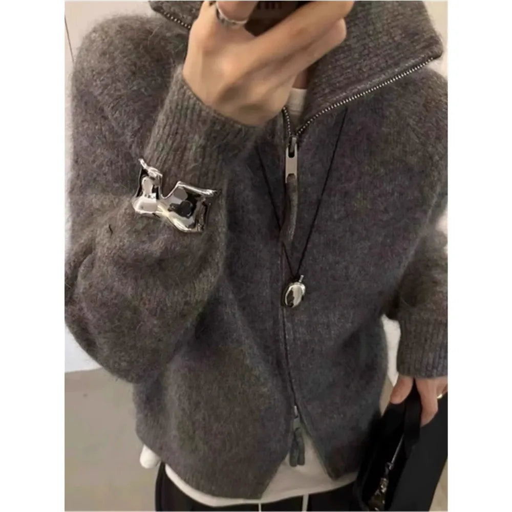 European-style double zipper 100%wool cardigan women high neck loose cashmere sweater knitted sweater thickened coat