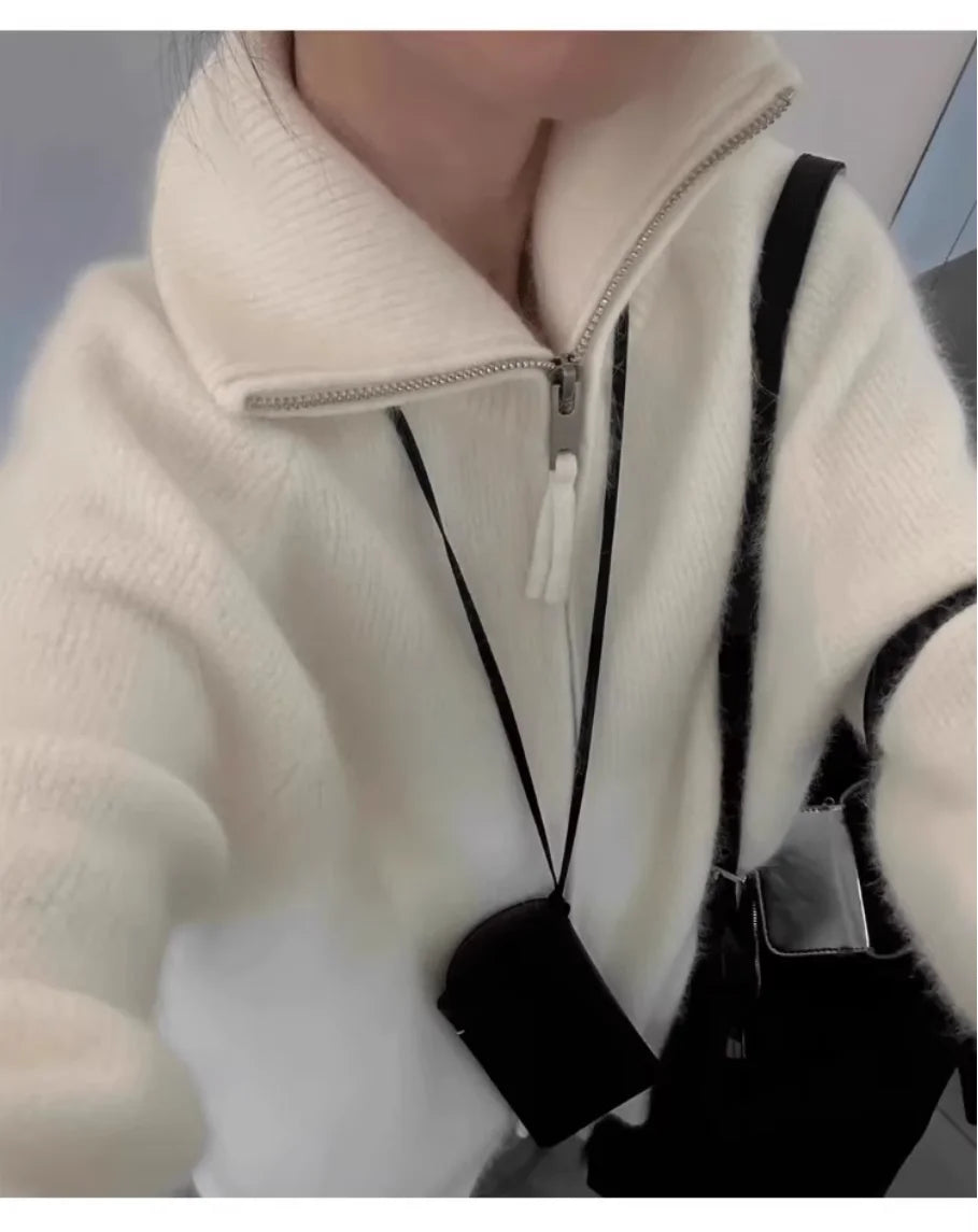 European-style double zipper 100%wool cardigan women high neck loose cashmere sweater knitted sweater thickened coat