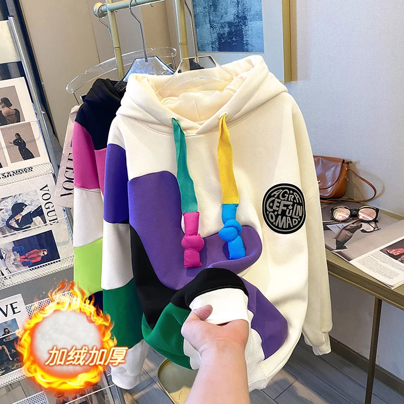 Winter Irregular Waves Contrasting Panels Fleece Padded Hooded Sweatshirt Women's Large Loose Casual Warm Hoodie