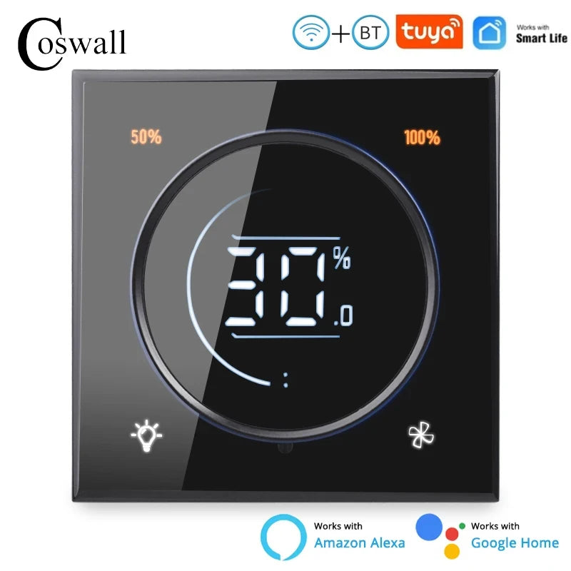 Glass Panel Wifi/Zigbee Smart Light Switch With Knob Fan Controller 300W Max. AC110-240V Digital LCD For Ceiling Fan Lamp